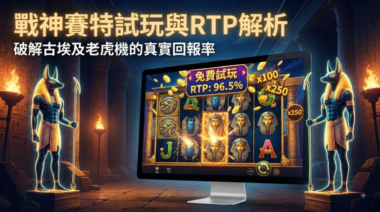 這是一張以古埃及風格老虎機為主題的16:9文章縮圖，畫面中呈現發光的埃及神像與螢幕上的試玩遊戲畫面。 圖片上方清晰標註了「戰神賽特試玩與RTP解析」以及「破解古埃及老虎機的真實回報率」繁體中文標題。