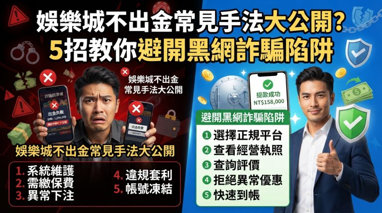 這是一張針對「娛樂城不出金」主題設計的 16:9 SEO 文章縮圖。畫面以對比強烈的方式呈現黑網詐騙手法與 5 招防範技巧。